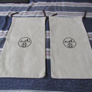 Set of 2 Authentic Hermes Paris Logo Drawstring Shoes Dust Bags 15" X 8 1/4"